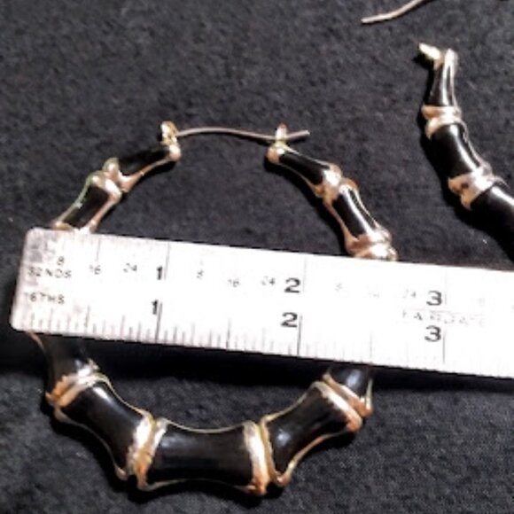 Medium size bamboo section earrings Black & Silver Retro Hip Hop Style - Picture 10 of 11